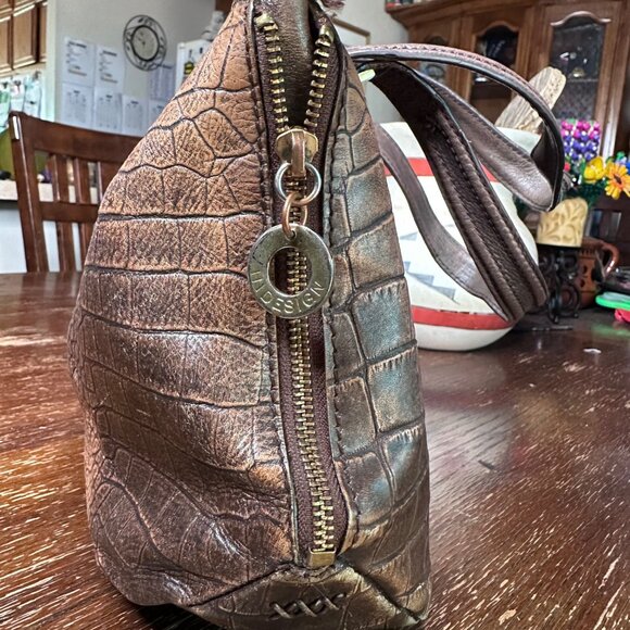 Crocodile-Embossed Brown Leather Conceal Carry Handbag By Hidesign Double Handle - Picture 11 of 14